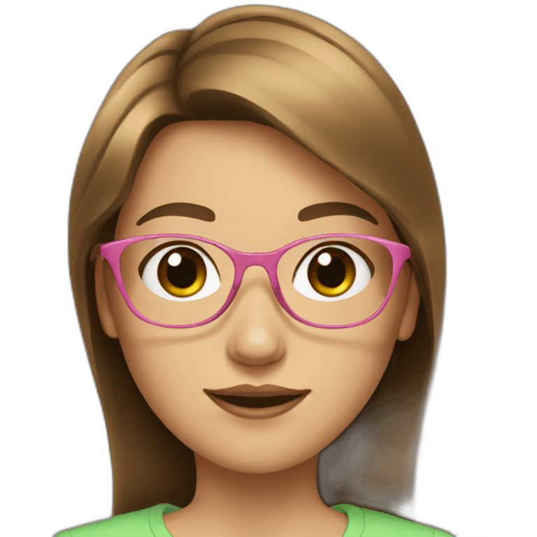 teen girl with brown square hair, green eyes, pink gold glasses emoji