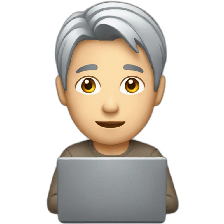 Asian Man gray hair sitting at computer emoji