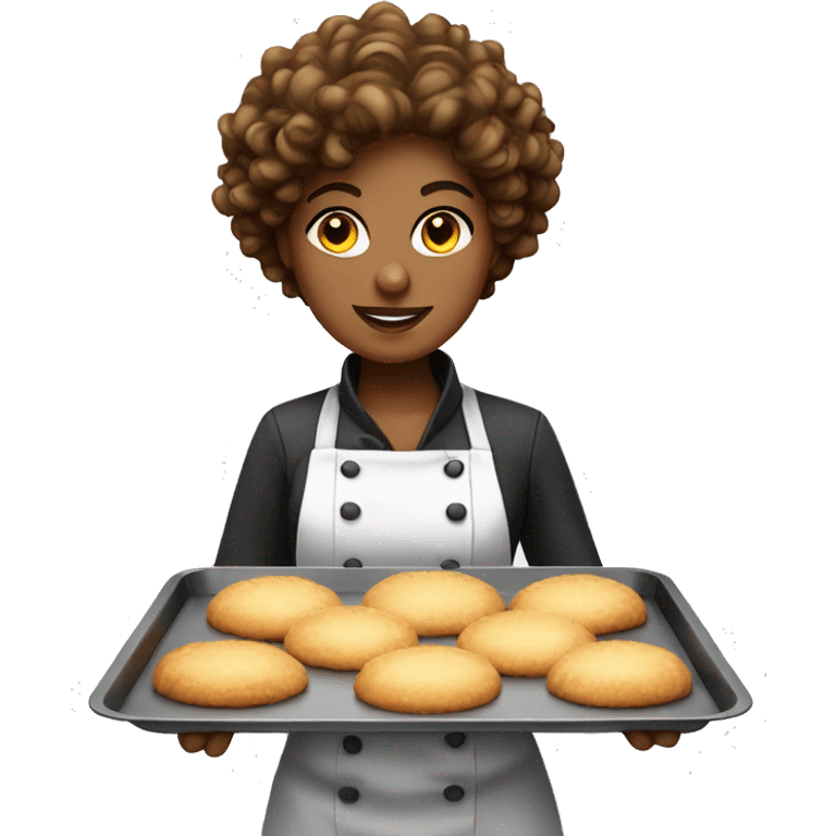 curly female pastry chef standing up holding a baking tray emoji