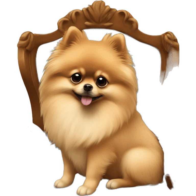 A pomeranian sitting on a beautiful chair emoji