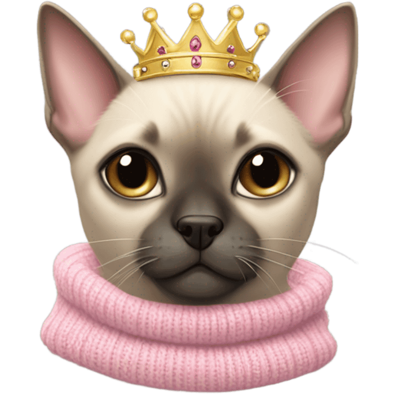 Siamese cat wearing a pink sweater and tiara hugging a light brown little dog wearing a grey sweater and crown emoji