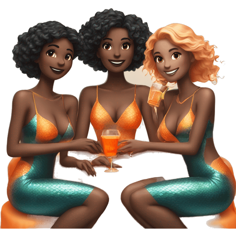 Three beautiful bright skin mermaids drinking aperol emoji