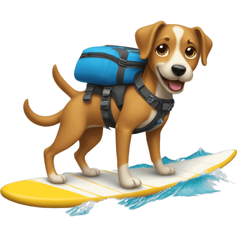 Dog surfing with a backpack on emoji