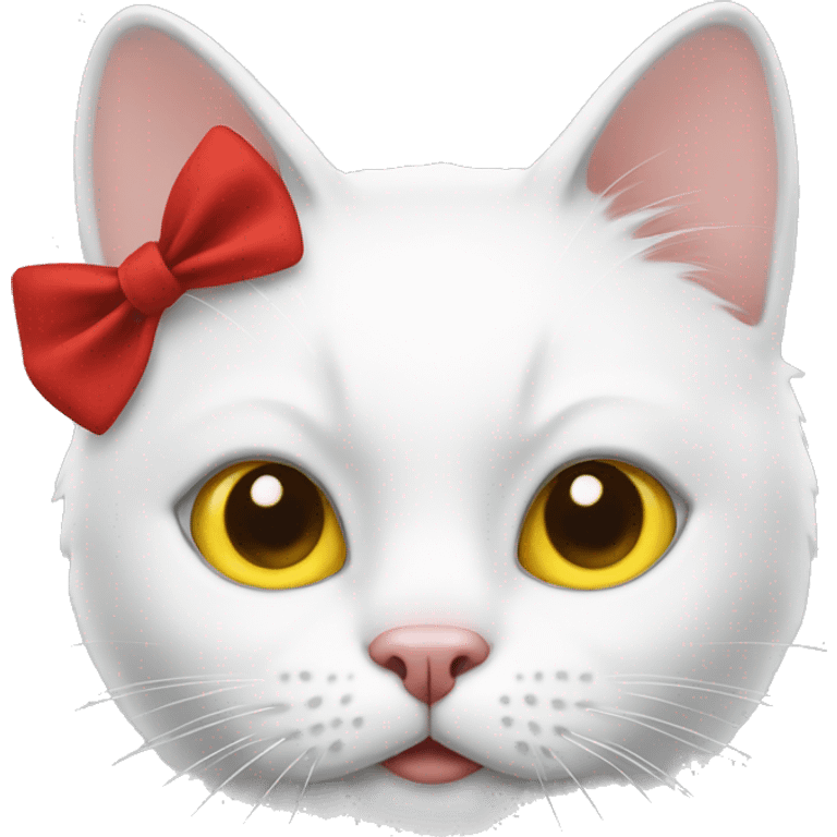 white cat with yellow button nose and red bow emoji