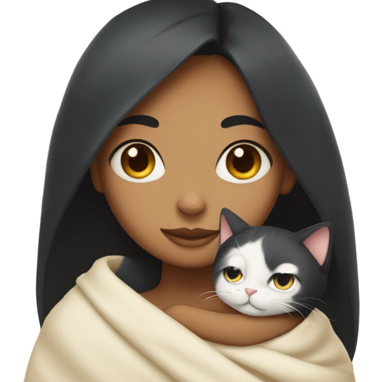 girl with black hair without bangs and light skin hugging calico cat wrapped in a blanket emoji