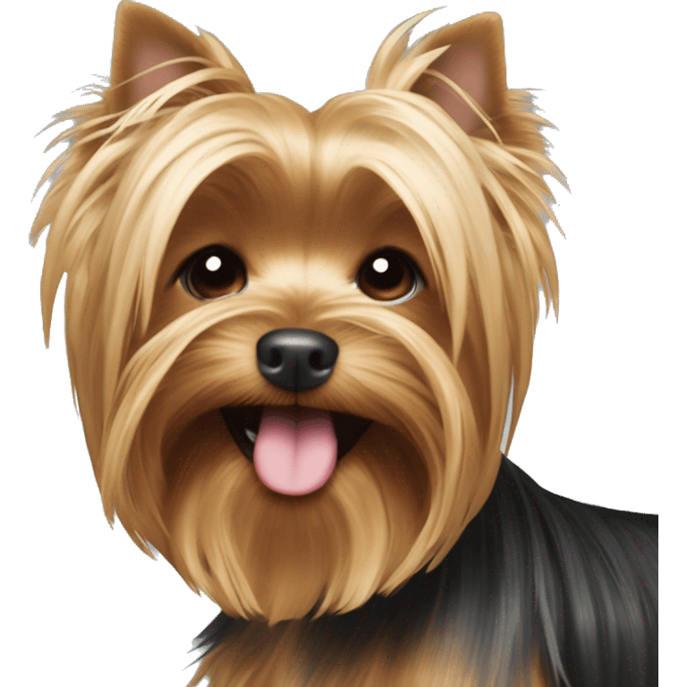 Yorkshire Terrier, very longe hair covering his eyes, smiling, tongue out emoji