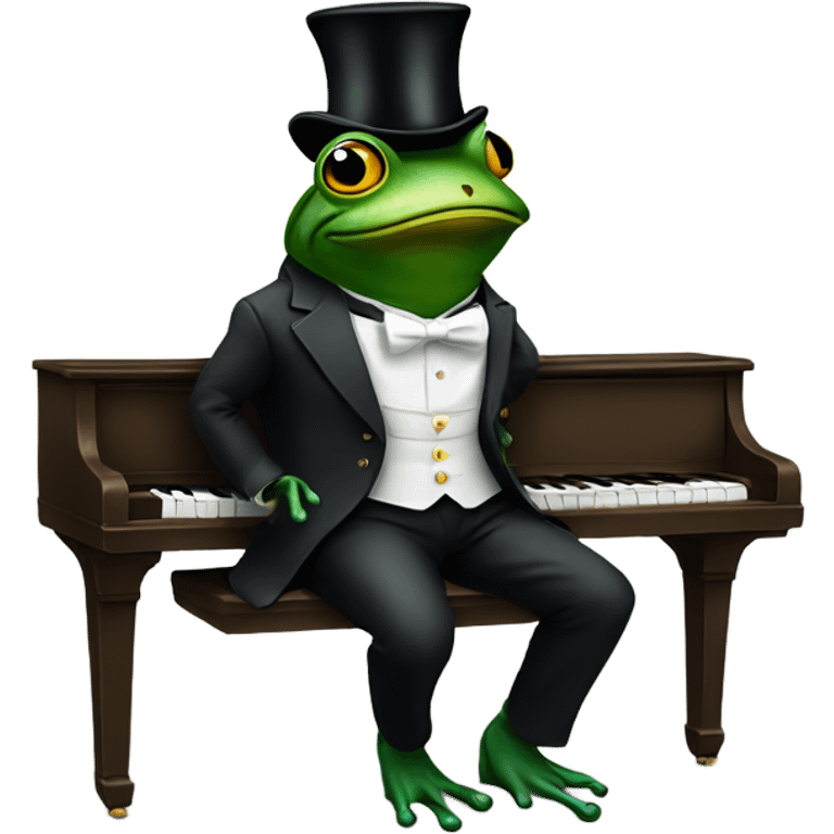 Frog sitting on a bench playing piano in a tux with a top hat. emoji