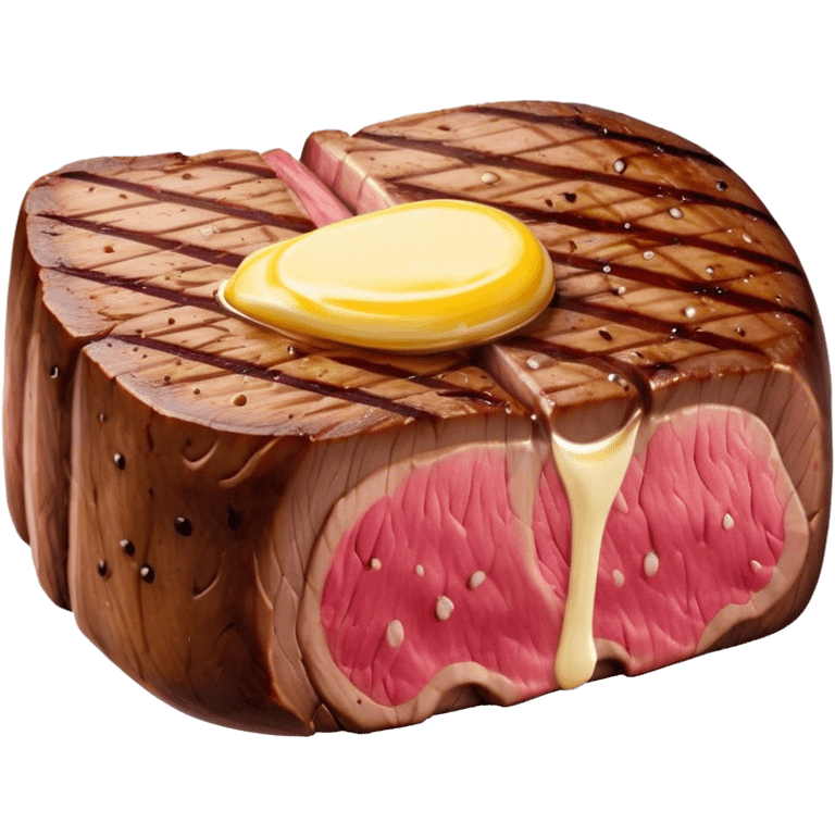 Cinematic thick-cut steak, perfectly seared with grill marks, a juicy pink center, butter melting on top, rich and savory, warm glow, sizzling and mouthwatering, highly detailed and appetizing. emoji