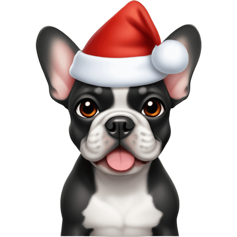 A small, black-and-tan French bulldog with a mostly black face and tan paws, wearing a classic red and white Santa hat, sitting happily with its tongue slightly out. emoji