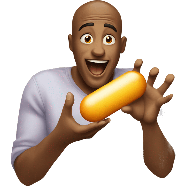 A super excited man looking at a giant pill that he is holding with two hands.he is super excited to eat the pill emoji