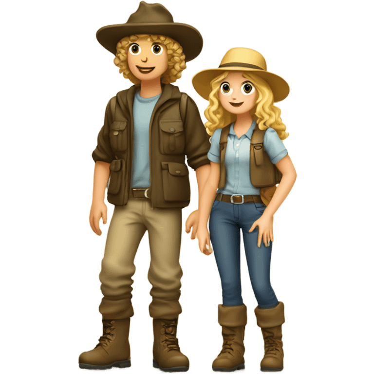 A short blonde long-haired girl in a hat and a curly-haired boy in a hat and boots hike in the Canary Islands, boots are Caucasian  emoji