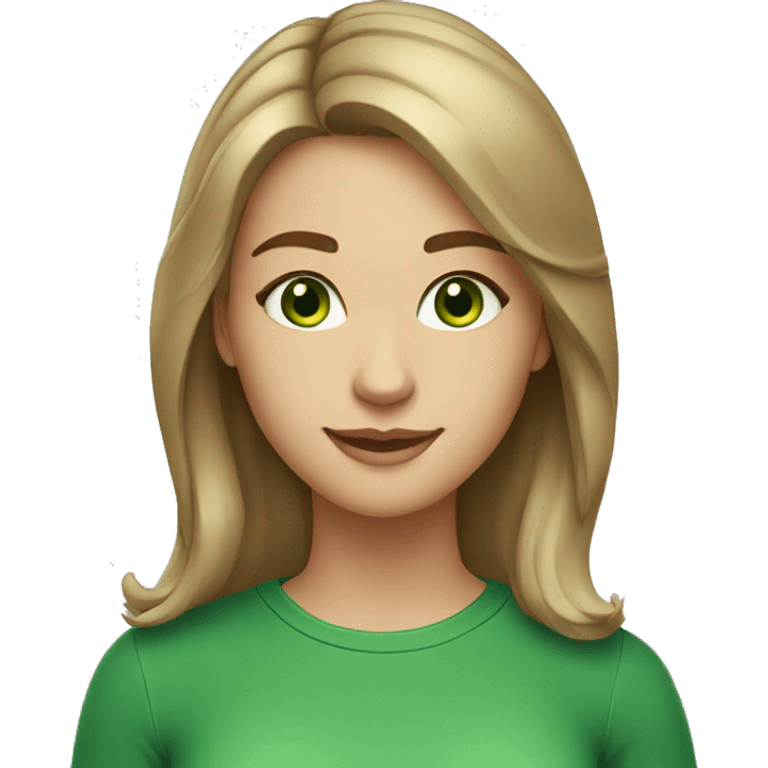 a 25-year-old girl with dark blonde mid-lenght hair with green eyes, smiling emoji