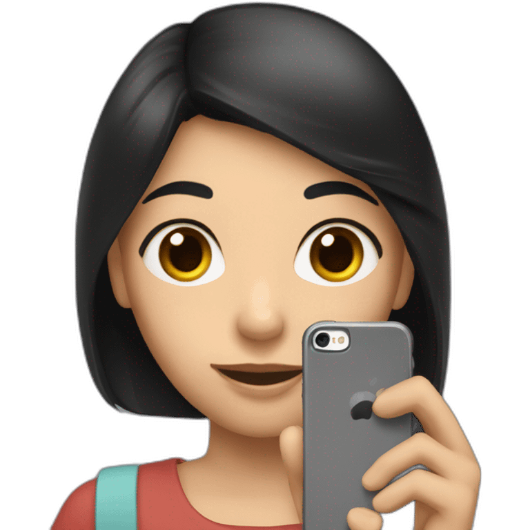 a girl with black hair holds a phone in her hands from which a woman’s hand comes out emoji