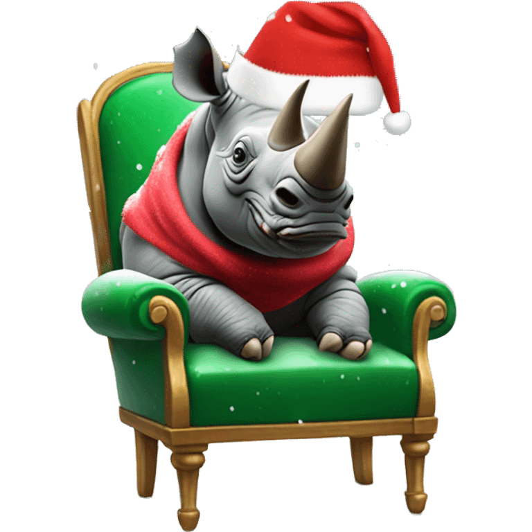 Rhino on a chair with Christmas hat and glasses while snowing  emoji