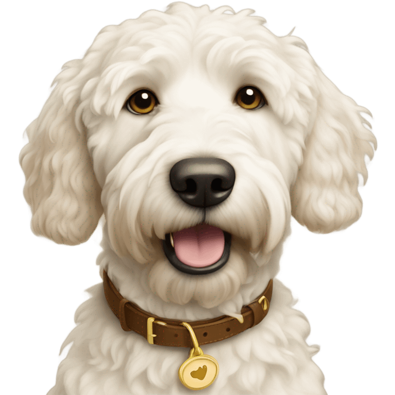 White golden doodle dog with brown collar and gold  emoji