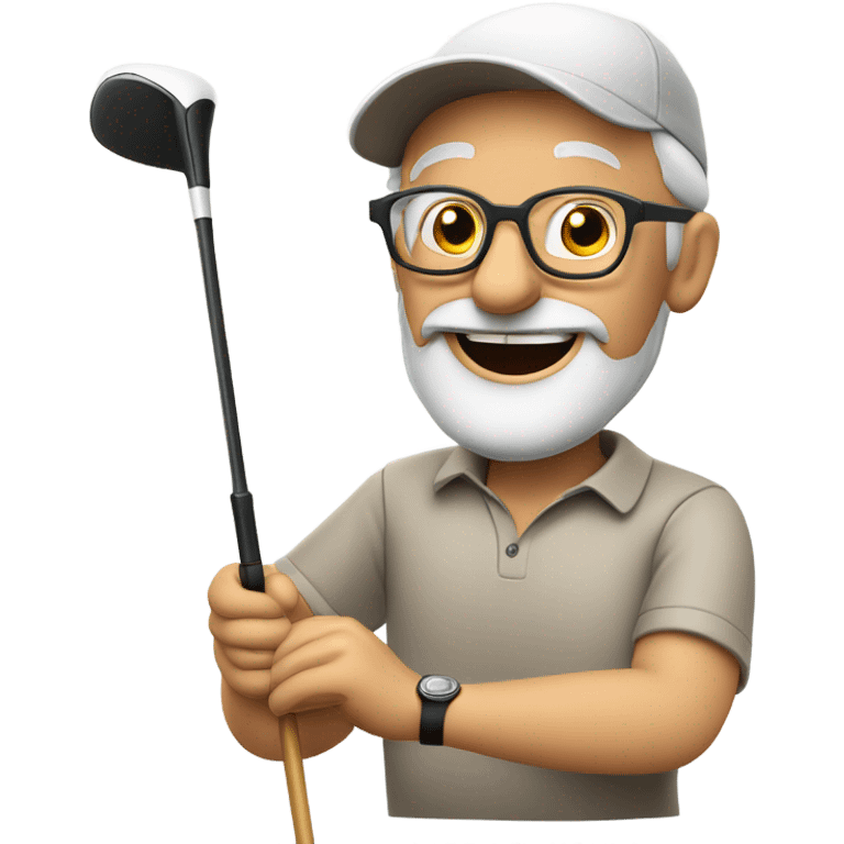 Beardless smiling elderly man with in glasses swinging a golf club and wearing a cap emoji