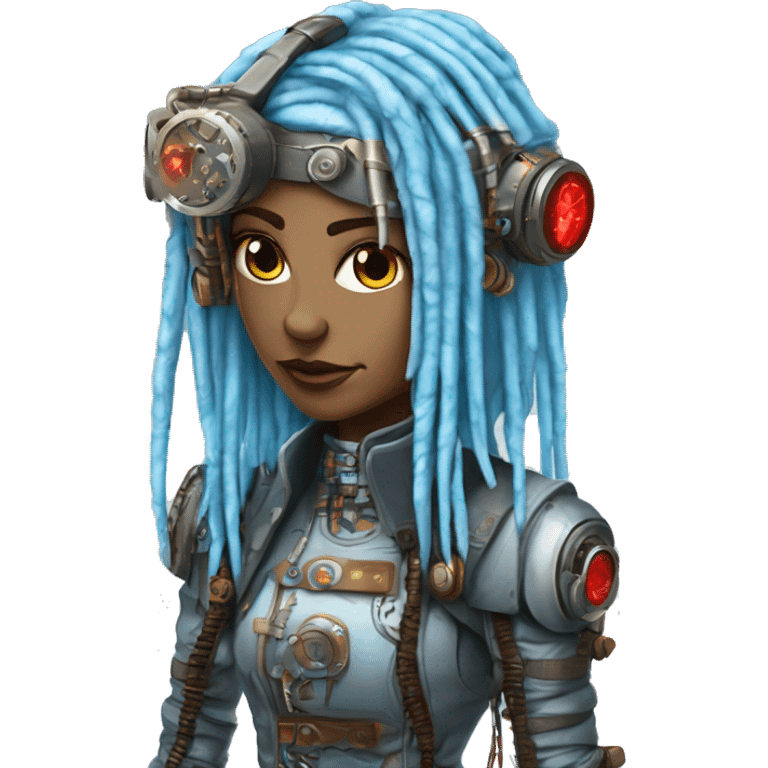 Light blue long dreadlocks female cyborg head with red steampunk goggles and circuits emoji