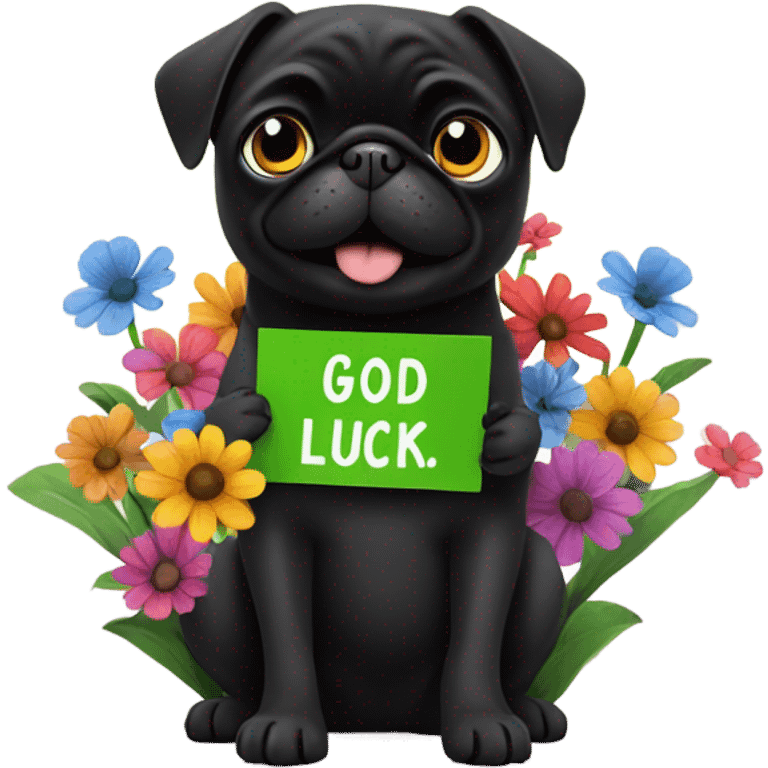 Black pug , surrounded by flowers, holding a green sign that says “good luck”  emoji