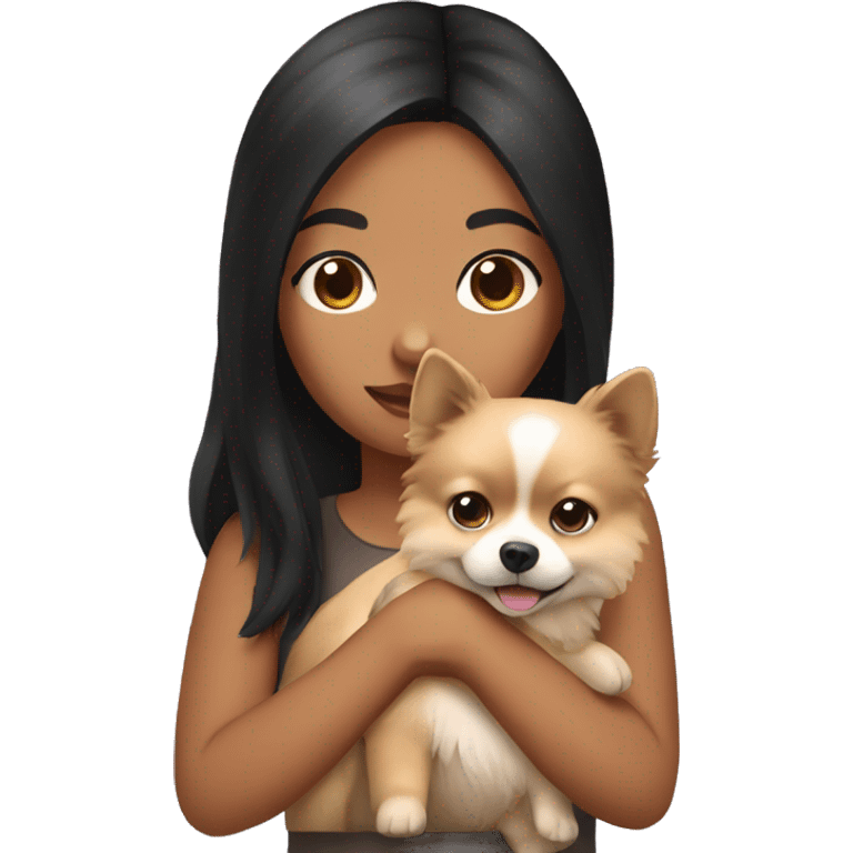 Girl holding pomeranian. The girl has black hair and medium skin emoji