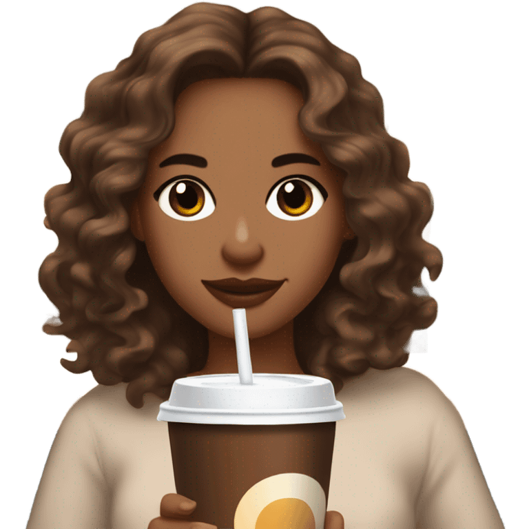 aesthetic white girl with brown wavy hair and brown eyes sipping an iced americano in a cute coffee shop  emoji