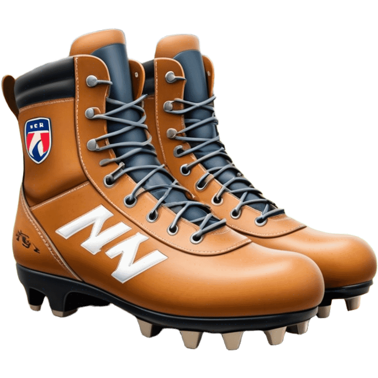 Cinematic Realistic image of a pair of AFL boots, showcasing detailed leather stitching and a rugged sole with fine cleat impressions, captured against a blurred stadium background with high-energy, dynamic lighting emoji