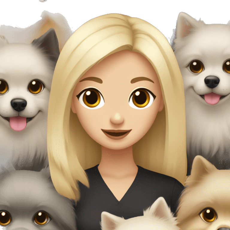 blond hair girl holding two pomeranians: a black pomeranian and grey pomeranian  emoji