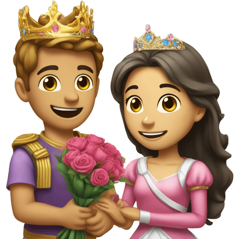 boy on his knees with flowers for a girl in a princess crown emoji