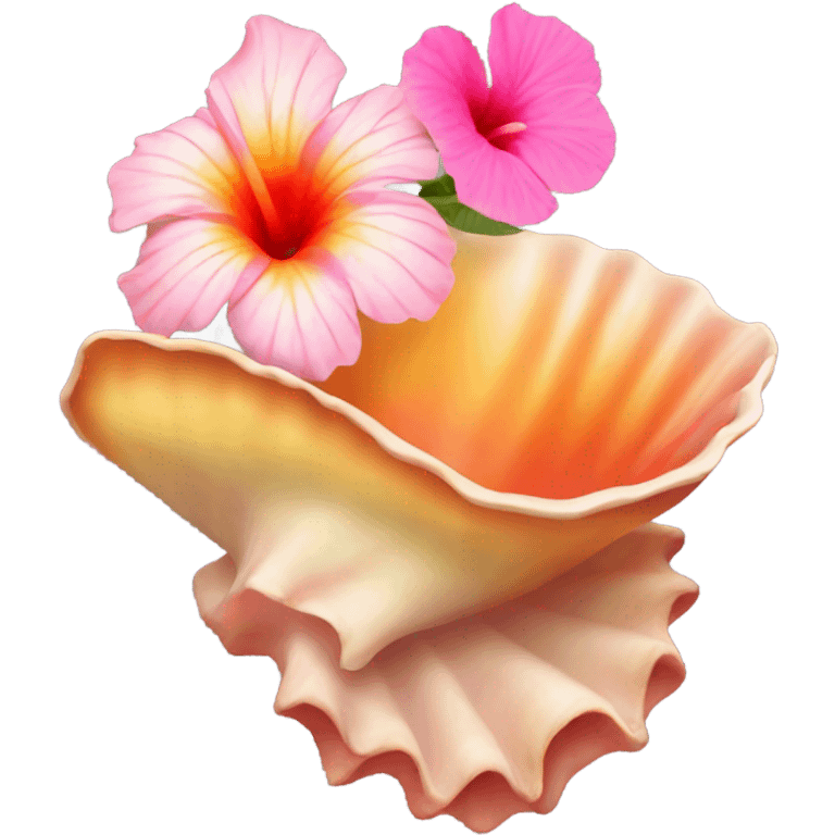 Conch shell with a pink, orange and yellow hibiscus on top  emoji