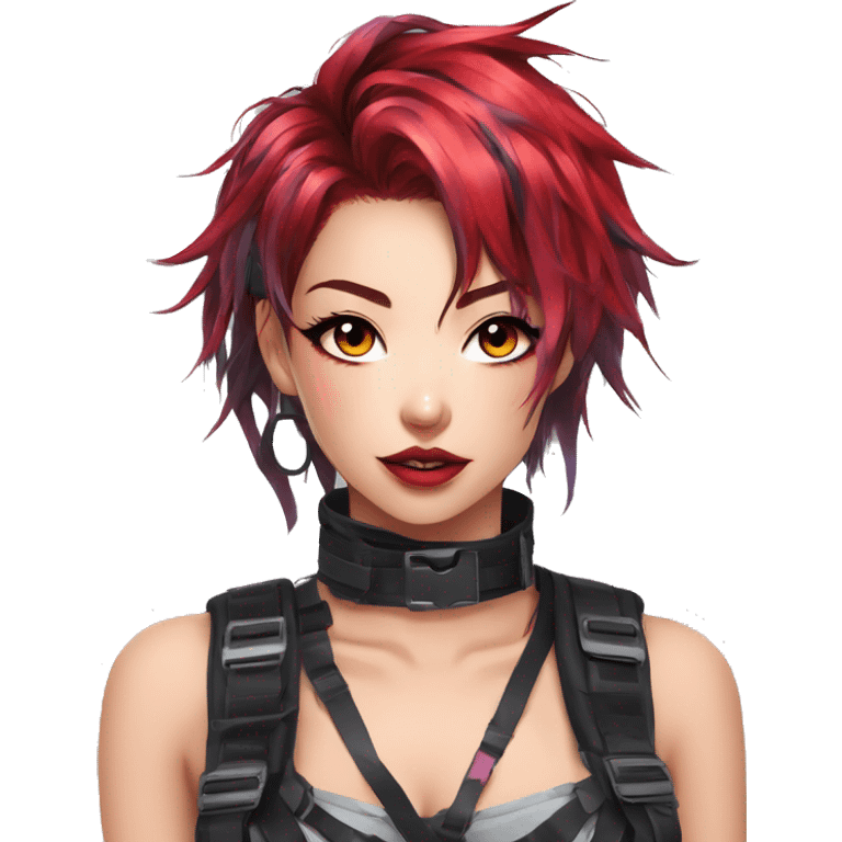 Gorgeous shiny colorful techwear anime style lady with blushing face aesthetic and pretty edgy black red punk messy hair with collar and harness trending style emoji