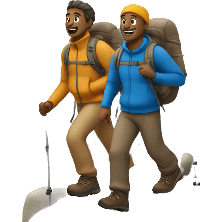 3 light brown men hiking up a mountain wearing different coloured clothing emoji