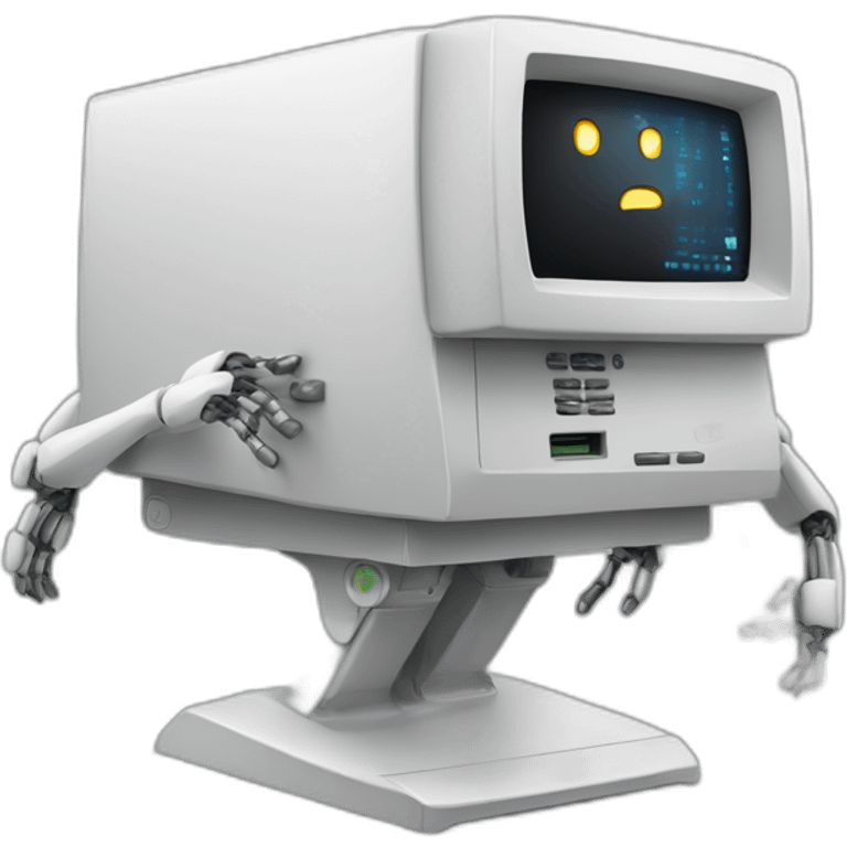 Anthropomorphic computer with a face arms and legs doing something random emoji