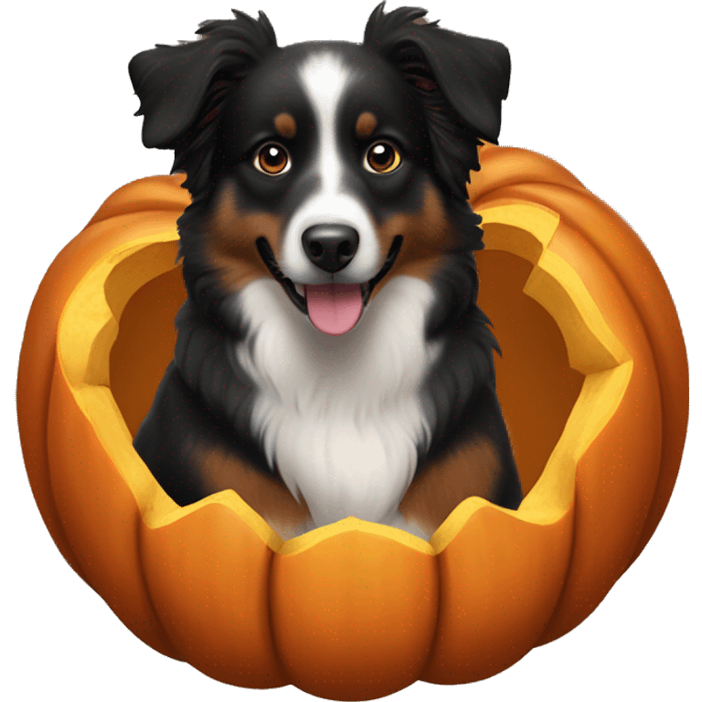 Small black australian shepherd dog in a pumpkin emoji