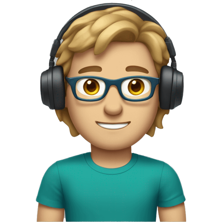 white young man light brown hair square glasses blue eyes wearing green t-shirt with laptop and headphones emoji