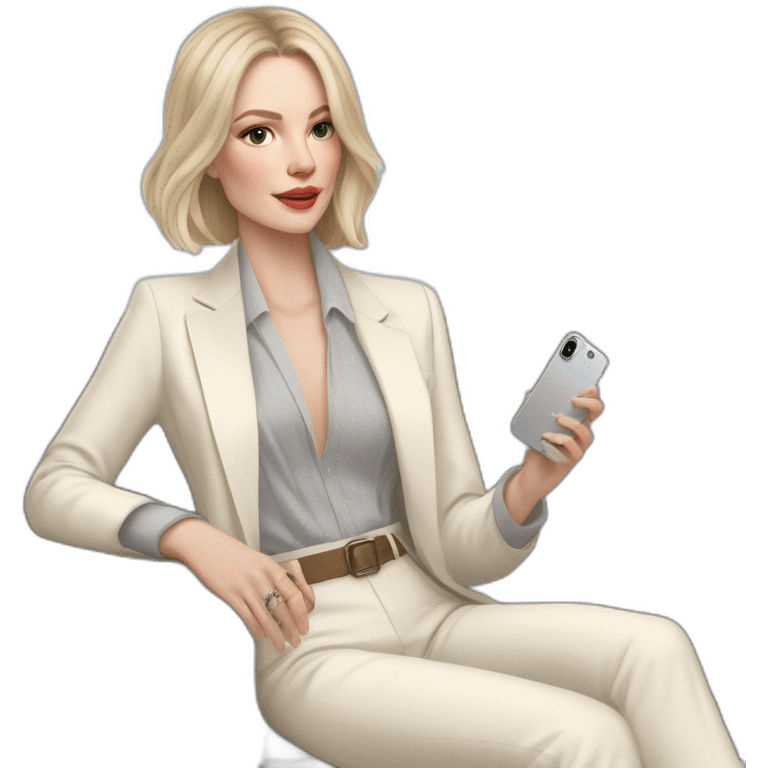 pale skin woman with ash blonde Straightened bob Hair, White Spacious classical jacket, beige palazzo Arrow pants and gray blouse holding white IPhone 15 pro in the hands emoji