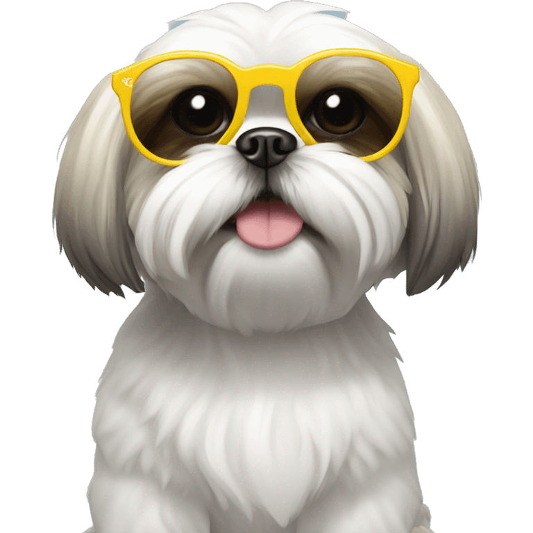 White shihtzu wearing circle sunglasses with yellow rim emoji