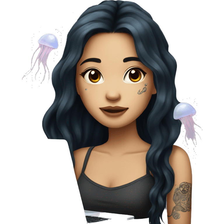 beautiful girl, with jellyfish tattoos, with long black hair, wavy hair, chinese, with laptop emoji