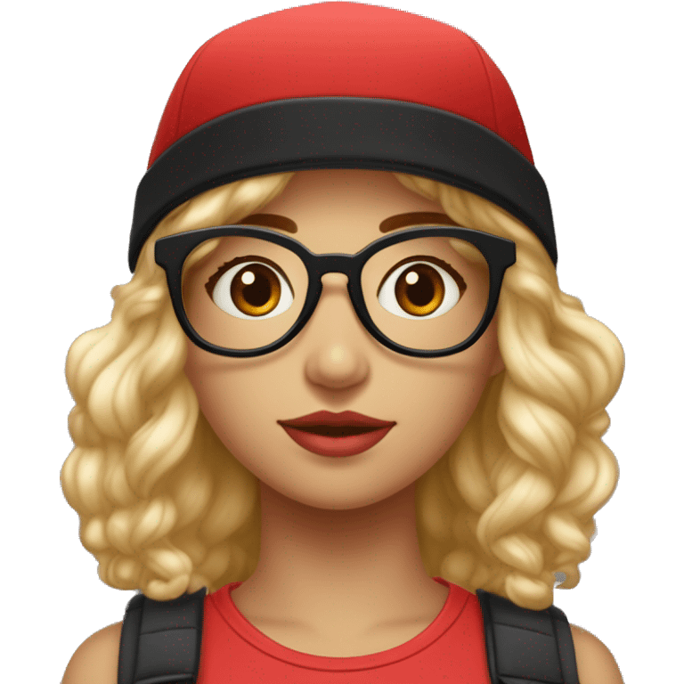 fille avec les cheveux noir avec les cheveux lisseavec une casquette rouge et une paire de lunette ronde, elle a les yeux plus petit que la norme et elle est mignonne, elle a la peau blanche  emoji