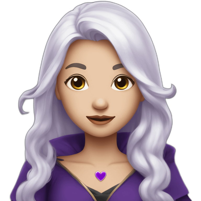 a girl with long white hair in purple top at the tip, a small heart on the left cheek black dress up like a sorcerer emoji