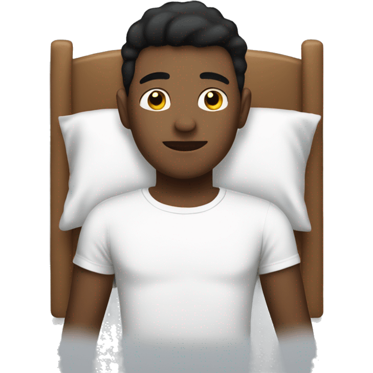 Boy laying on the bed with white T-shirt and black pants emoji