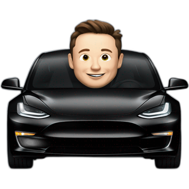 small Elon Musk riding an all black Tesla Model 3, Front view emoji