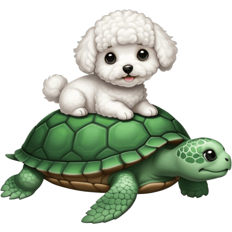 Curly white Bichon sitting on a turtle emoji