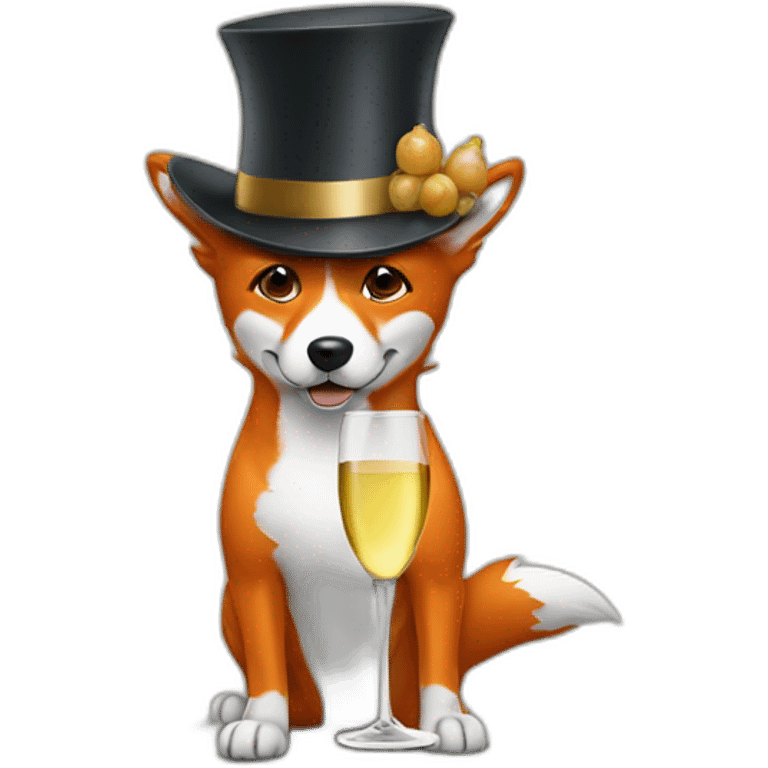 Dog looking like Fox drinking white wine wearing high hat emoji