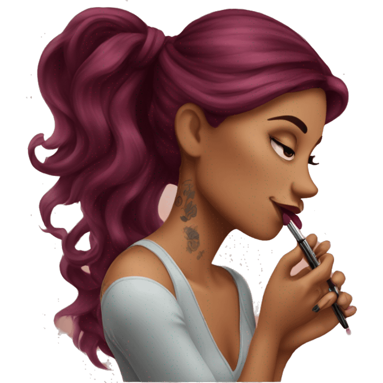 Beautiful tattooed burgundy long haired woman doing her makeup emoji