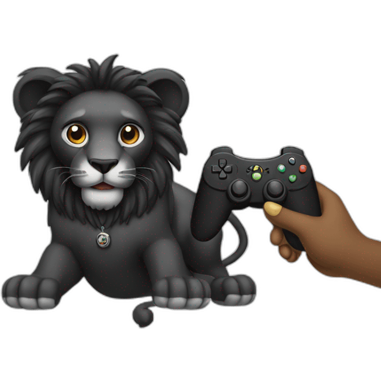 Black lion holding a controller playing a video game emoji