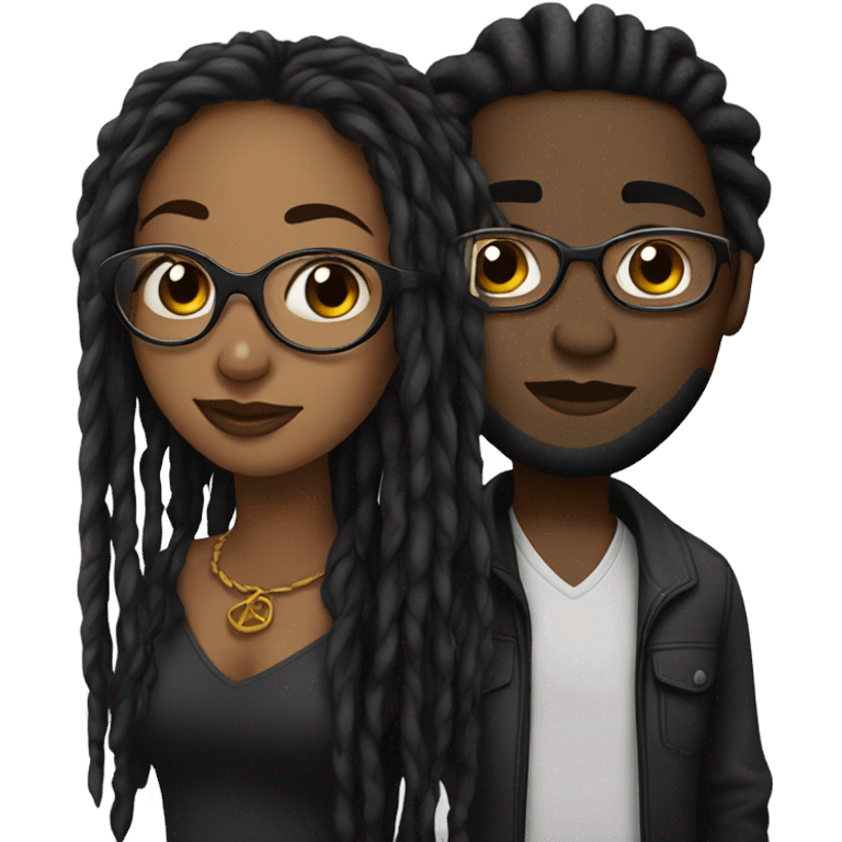 black couple with locs, dark skin with long black locs, light skin with glasses and BLACK locs tied up kissing emoji