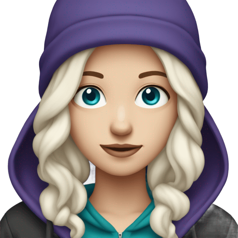 White girl, blue eyes, long teal hair, purple beanie hat, black hoodie emoji