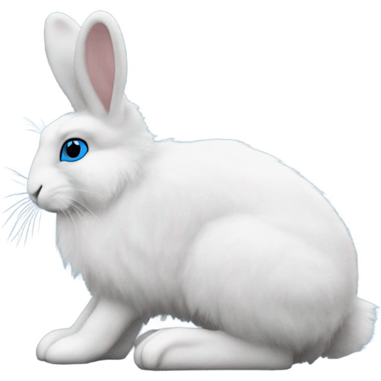 snowshoe hare very fluffy with no feet showing. laying down, side view, blue eyes emoji