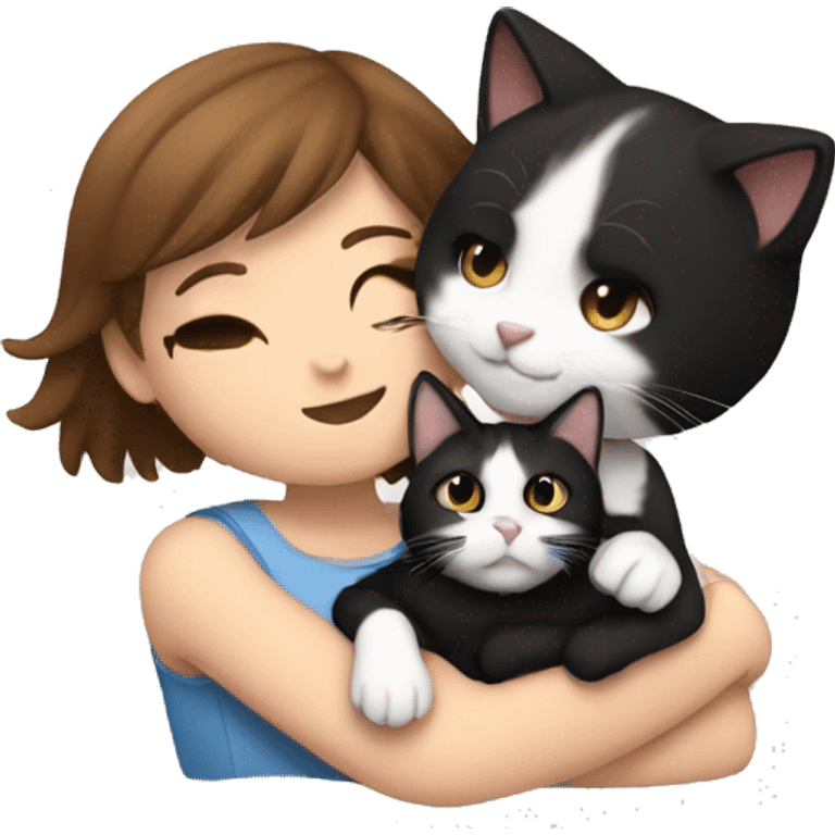 Girl with short brown hair cuddling with black and white cat emoji