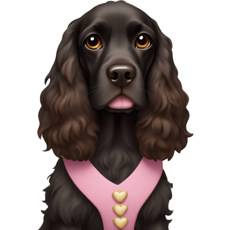 black English spaniel with brown eyes in a pink dress emoji