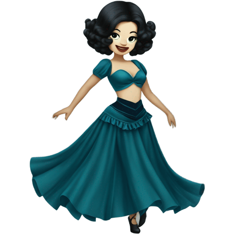 Burlesque dancer wearing blue with black hair, pale skin, and green eyes in a dark blue vintage costume dancing emoji